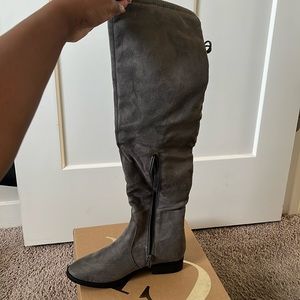 Grey Faux Suede Flat Knee/Thigh High Boots